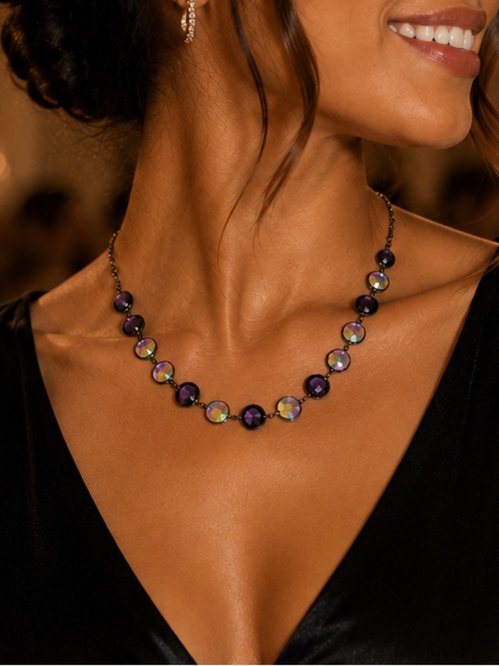 Guess Iridescent Purple Bead Necklace with Gunmetal Chain